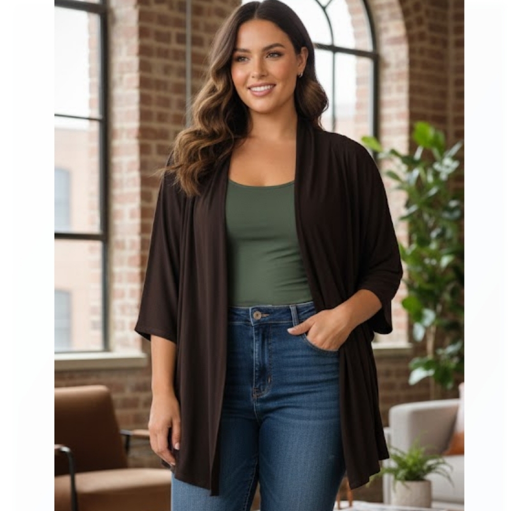 Elegant Chocolate Brown Draped Open Front Cardigan – TIANA B. Size 2X